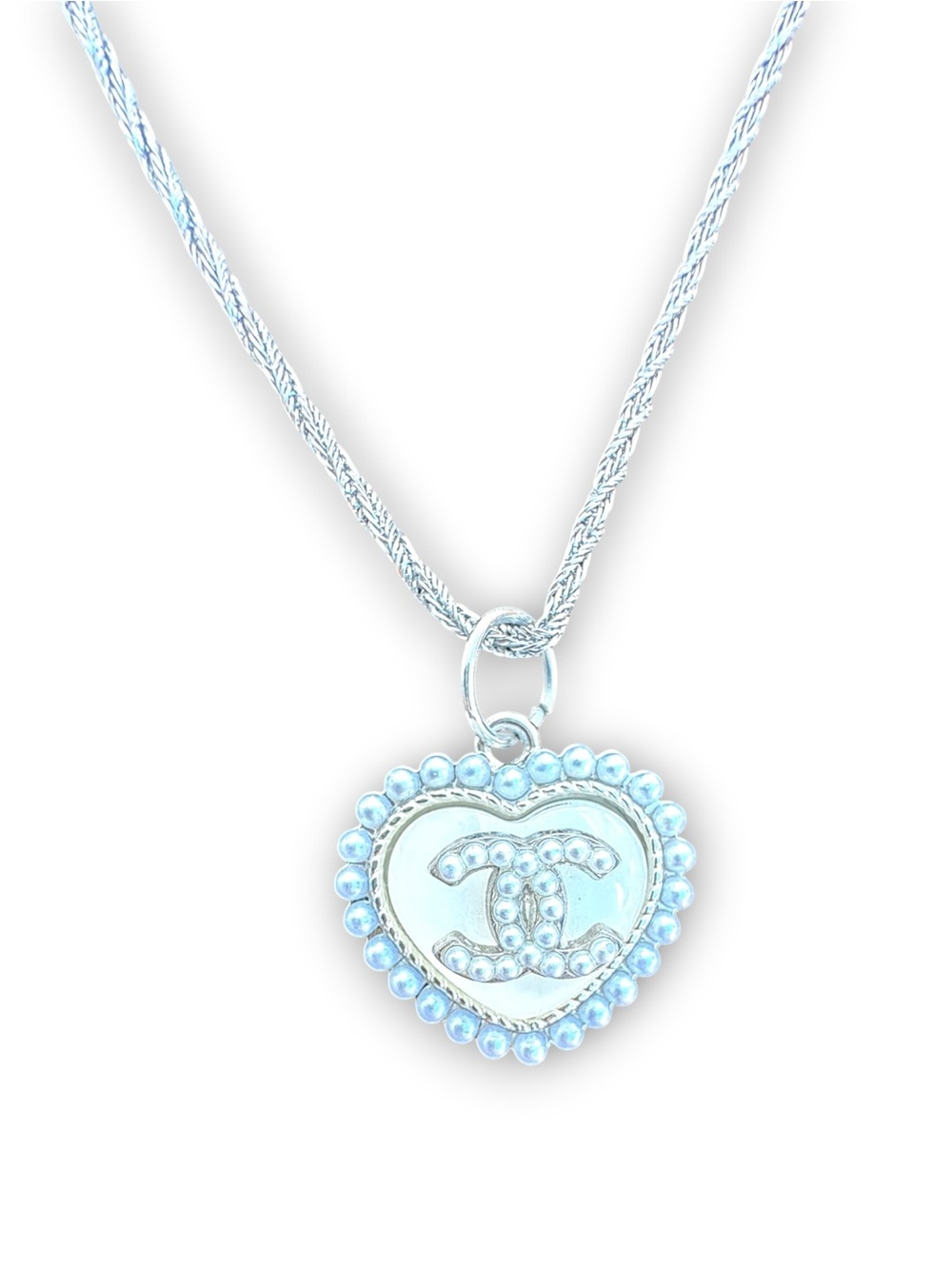 Re-Designed Chanel Silver Pearl CC Heart Pendant Necklace